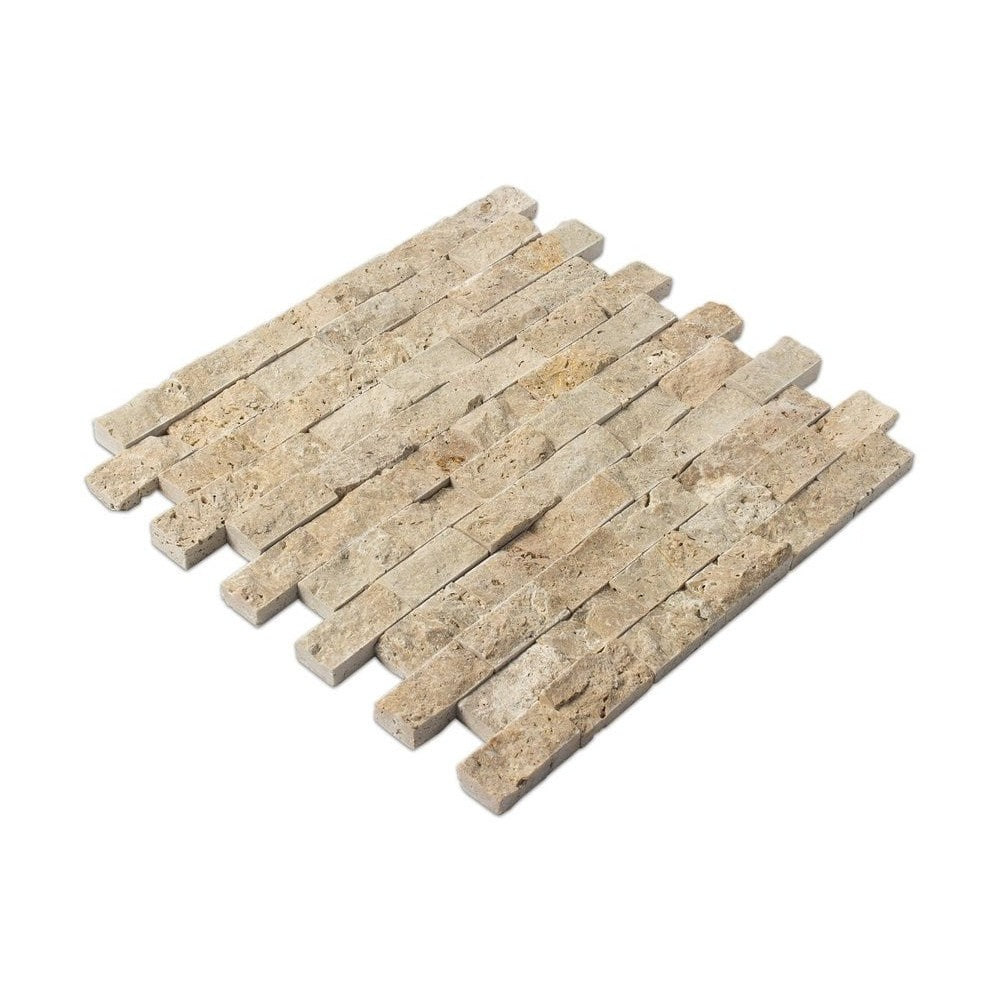 beige rustic splitface travertine mosaics 1x2 SKU 20012363 angle view