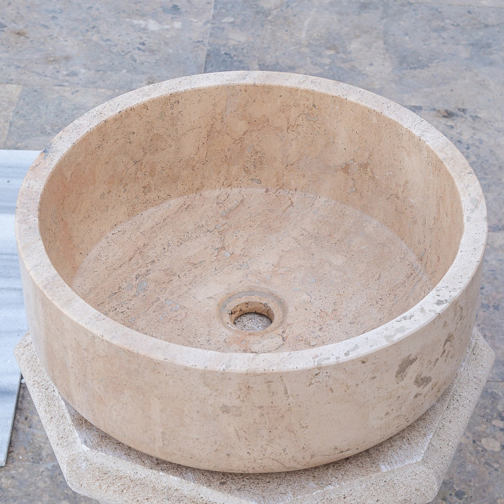 beige travertine vessel sink size (D)16" (H)6" SKU TMS02 side view product shot