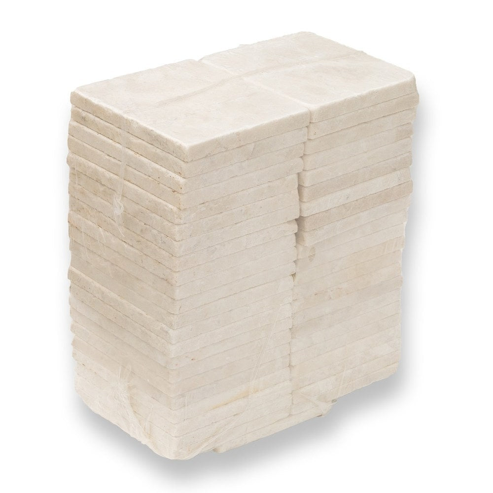 botticino cream super light marble tiles tumbled 6x6 SKU 20012414 product shot stacked up view