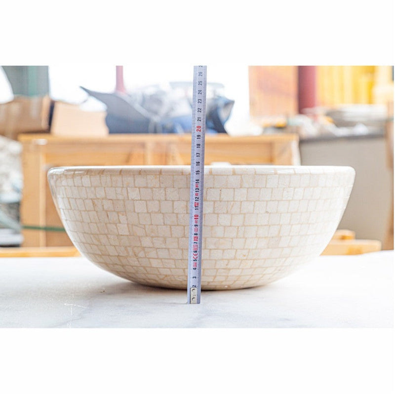 botticino marble natural stone vessel sink surface semi polished size (D)16"(H)6" SKU 202116 height measure view product shot