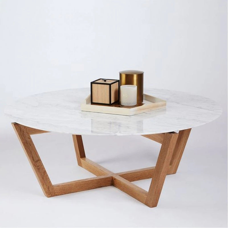 Carrara white marble coffee table D32-H16.5 round wood legs SKU-MSCW36WL Product shot with white background