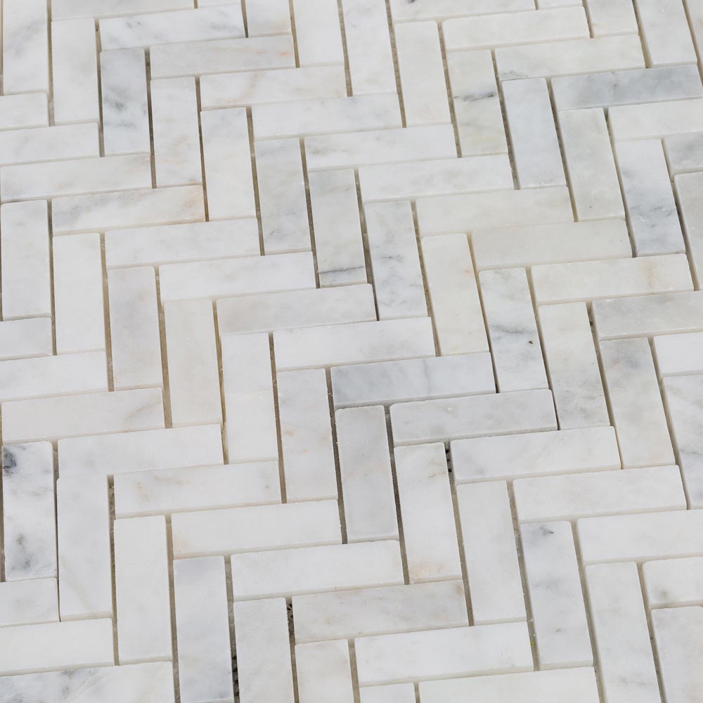 carrara-white-marble-mosaic-1x3-carrara-white-polished-SKU-20012339 close view 