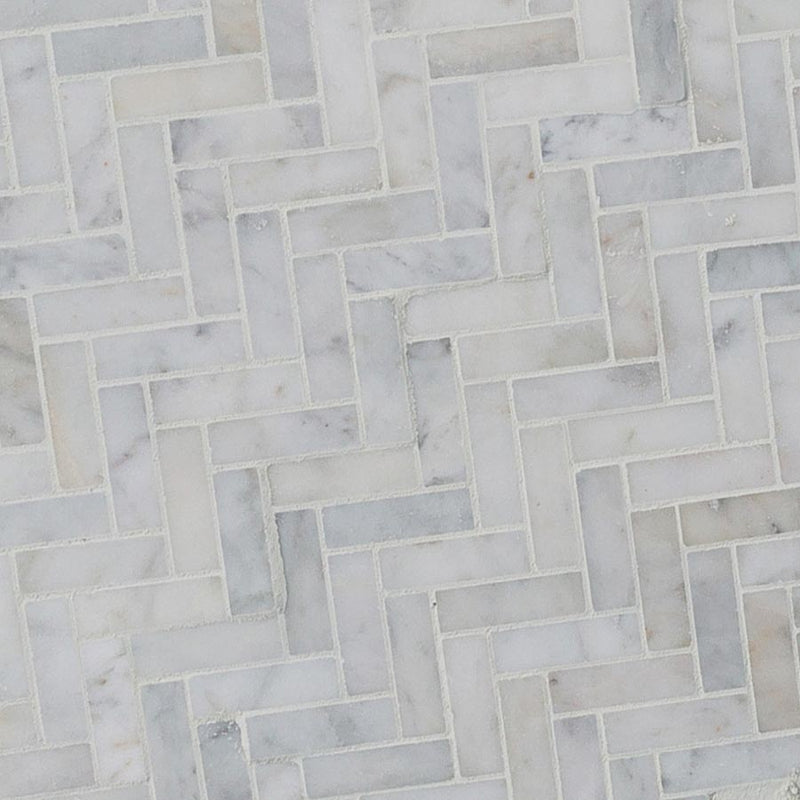 carrara-white-marble-mosaic-1x3-carrara-white-polished-SKU-20012339 close shot of product with joint