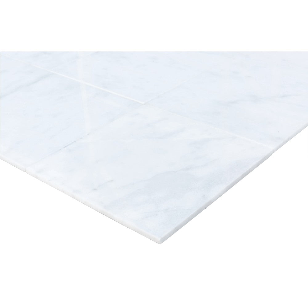 carrara white marble tile size 12"x12"x3/8" (30.5cmx30.5cm) surface polished edge beveled SKU-10086379 product shot thickness view