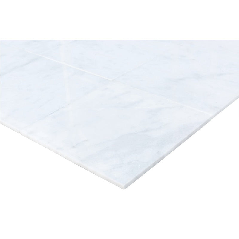 carrara white marble tile size 12"x12"x3/8" (30.5cmx30.5cm) surface polished edge beveled SKU-10086379 product shot thickness view