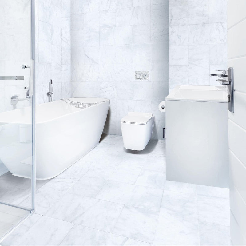 carrara white marble tile size 12"x12"x3/8" (30.5cmx30.5cm) surface polished edge beveled SKU-10086379 installed on bathroom wall and floor