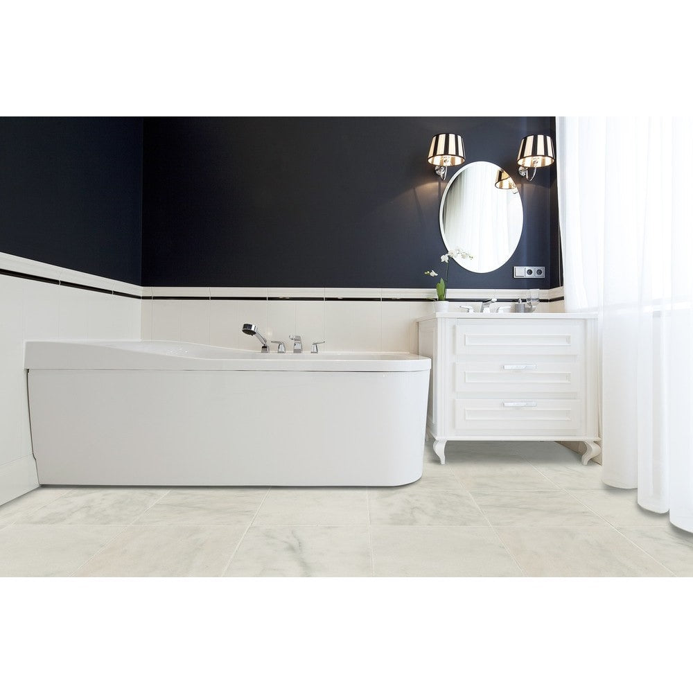 carrara white marble tile size 12"x12"x3/8" (30.5cmx30.5cm) surface polished edge beveled SKU-10086379 installed on bathroom floor