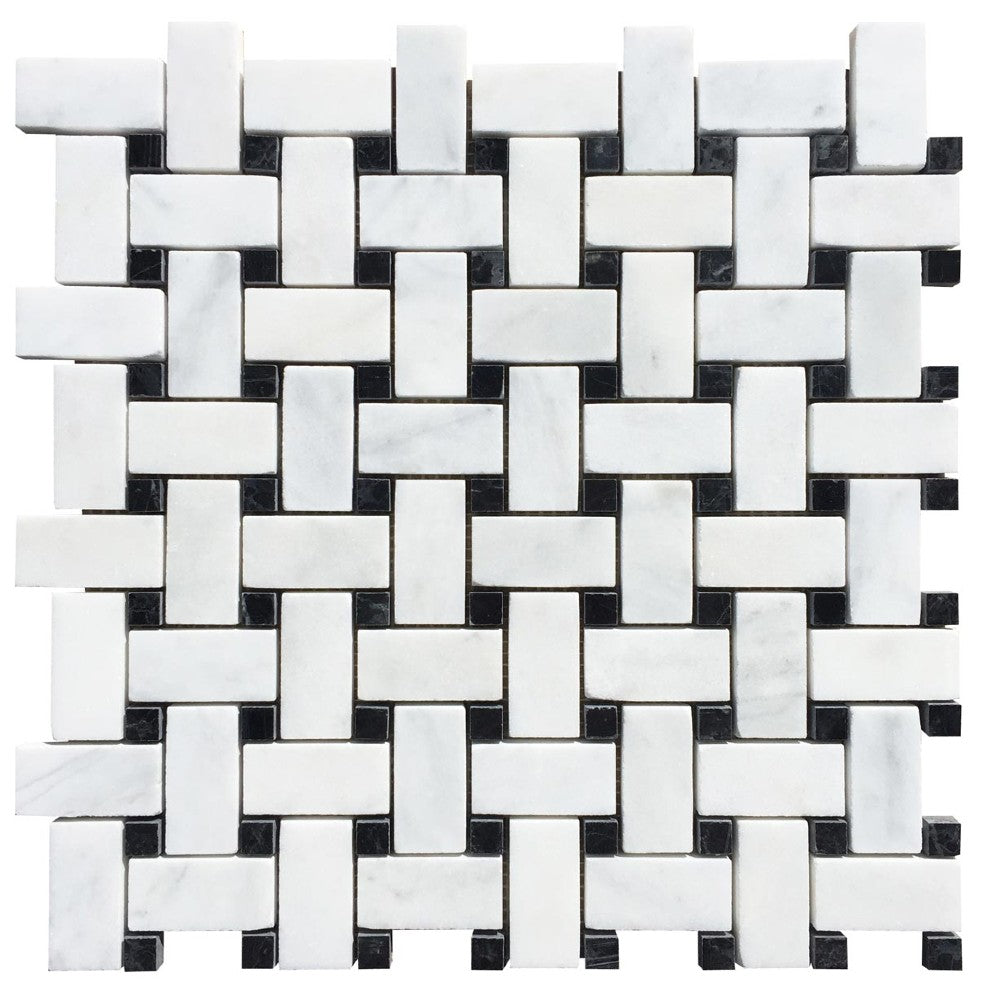 carrara white polished marble mosaics 1"x2"  basketweave SKU-20012343 top view of product