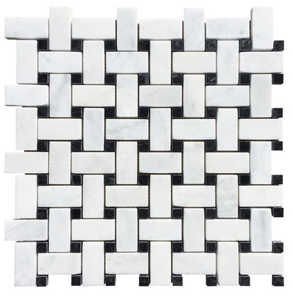 carrara white polished marble mosaics 1"x2"  basketweave SKU-20012343 top view of product