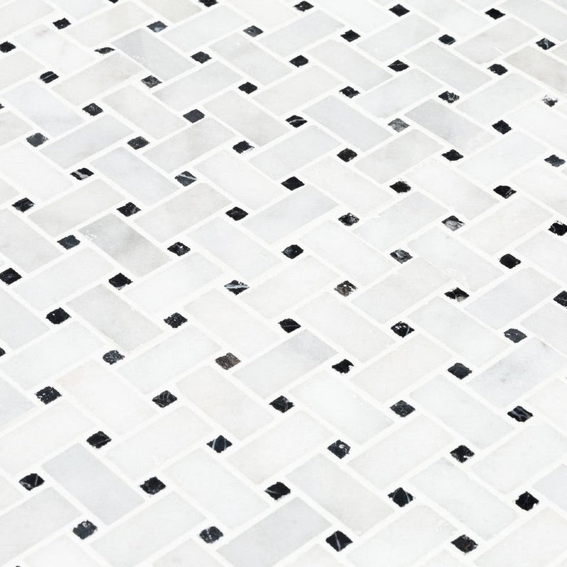 carrara white polished marble mosaics 1"x2" basketweave SKU-20012343 close view of product with joint