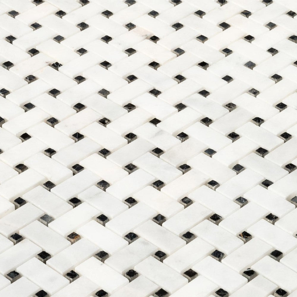 carrara white polished marble mosaics 1"x2" basketweave SKU-20012343 close view of product without joint