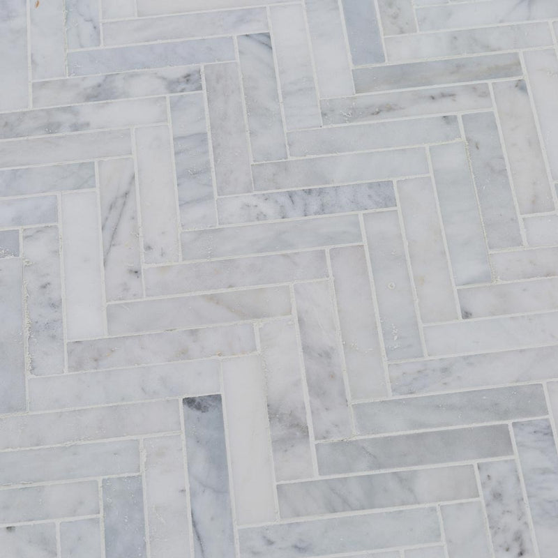 carrara white marble mosaic 1.25x6 herringbone SKU-20012341 product shot with joint