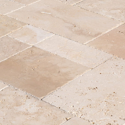 Classic Beige Travertine Tiles Antique Pattern Brushed and Chiseled SKU-CBLTAPBFCE close view