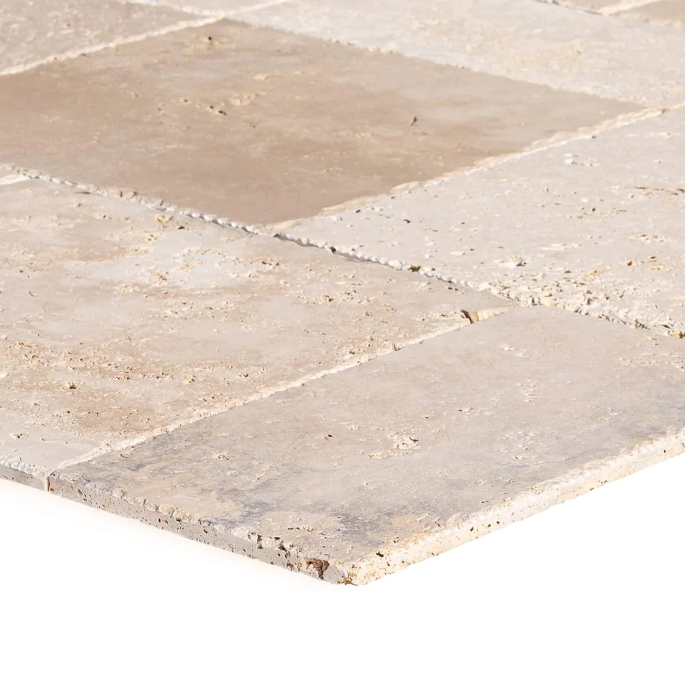 Classic Beige Travertine Tiles Antique Pattern Brushed and Chiseled SKU-CBLTAPBFCE corner vşew