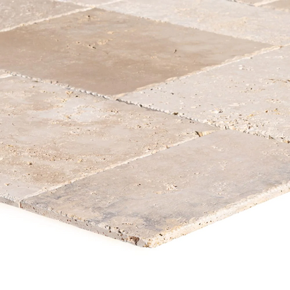 Classic Beige Travertine Tiles Antique Pattern Brushed and Chiseled SKU-CBLTAPBFCE corner vşew