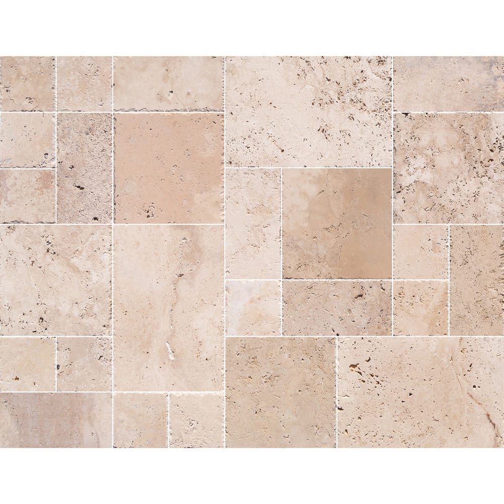 Classic Beige Travertine Tiles Antique Pattern Brushed and Chiseled SKU-CBLTAPBFCE multi view with joint