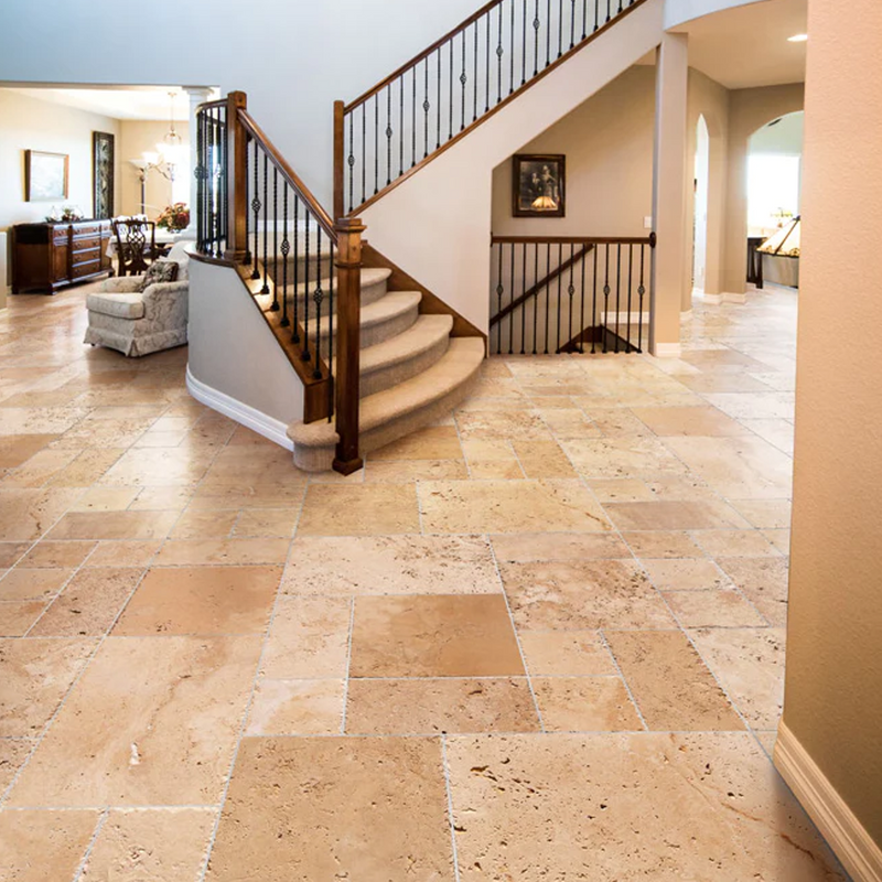 Classic Beige Travertine Tiles Antique Pattern Brushed and Chiseled SKU-CBLTAPBFCE installed view