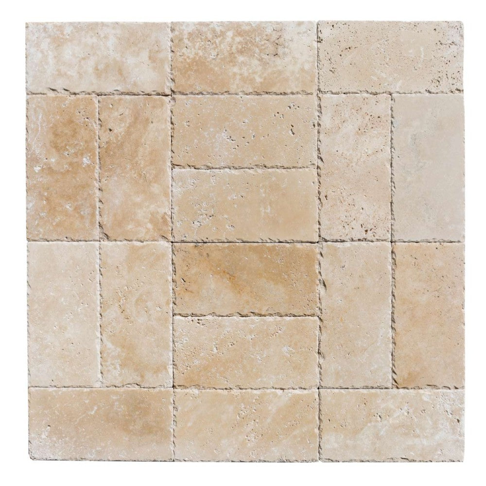 classic light Beige travertine pavers surface honed size6"x12"-thickness-1 1/4"-edge-chiseled-SKU-20020078 the product on a white background.