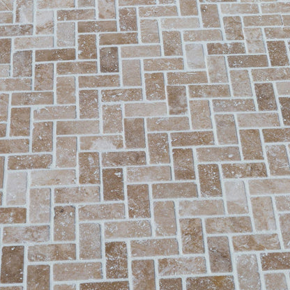 classic travertine tumbled mosaic tile 1x2 SKU-20012335 installed on the floor with joint