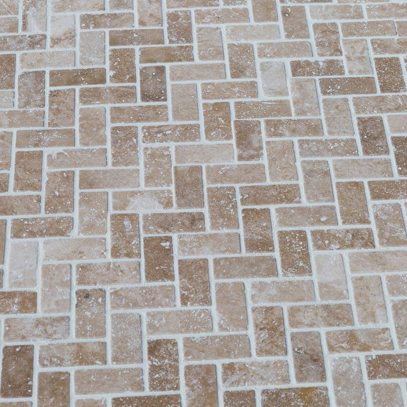 classic travertine tumbled mosaic tile 1x2 SKU-20012335 installed on the floor with joint