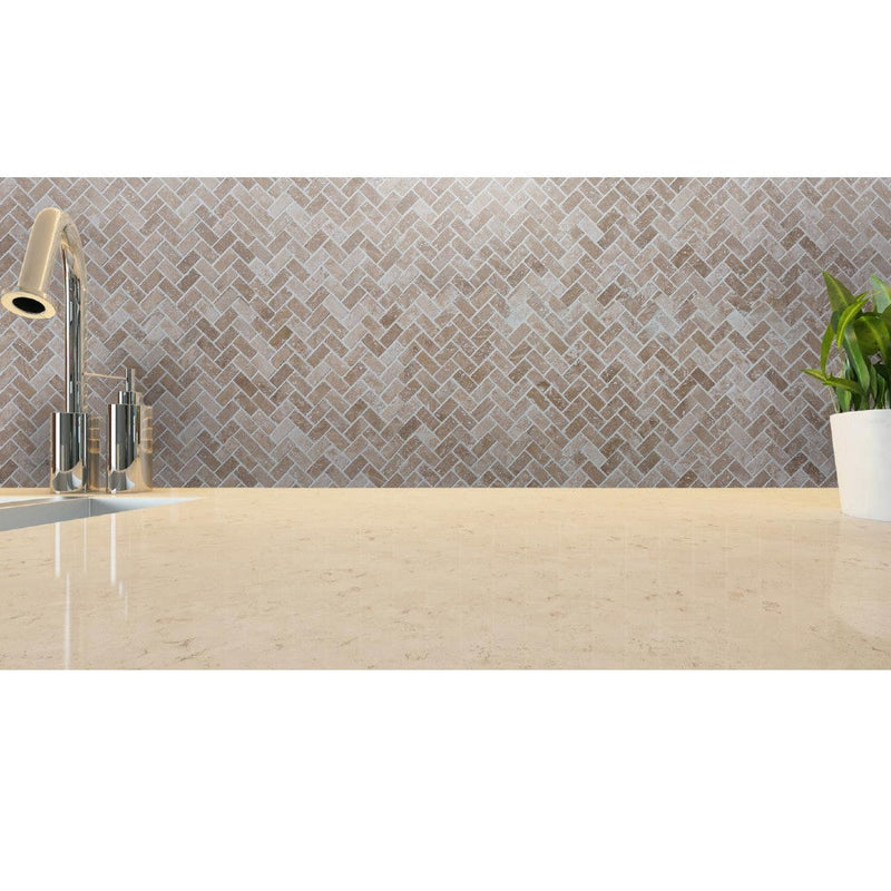 classic travertine tumbled mosaic tile 1x2 SKU-20012335 installed view on the kitchen wall