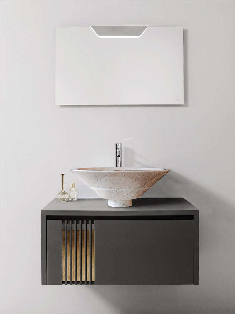 crema marfil marble natural stone tapered sink high gloss polished SKU NTRVS37 Size (D)16" (H)6" installed in bathroom