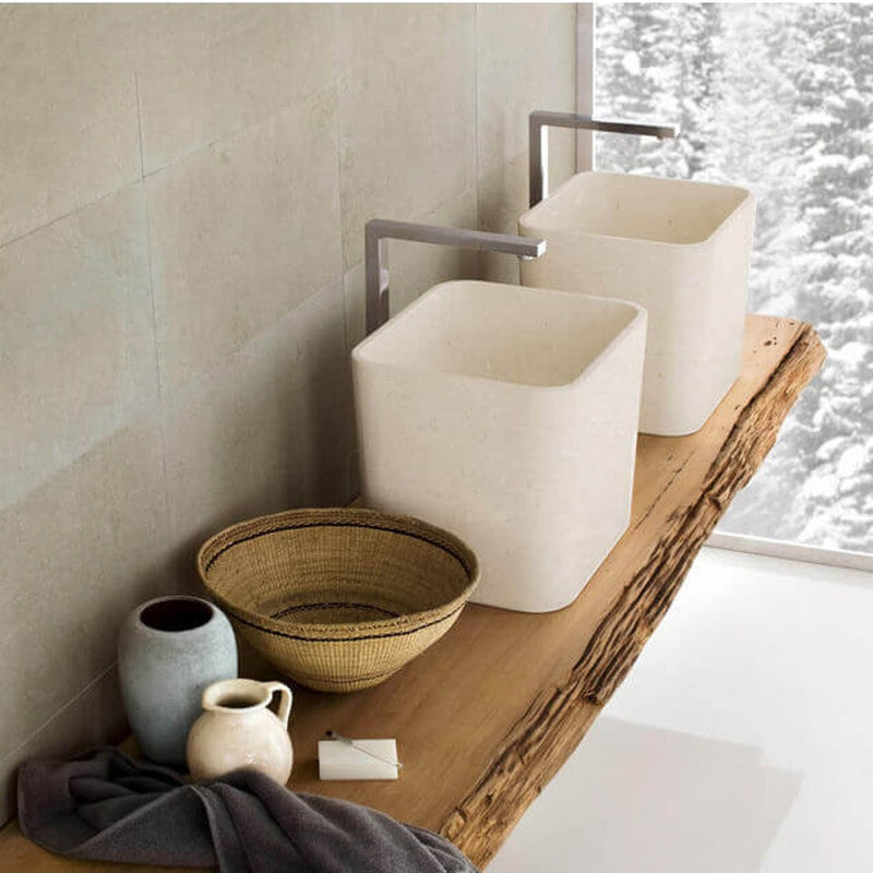 crema marfil marble rectangular over counter vessel sink W14 L16 H14 SKU-YEDSIM09 installed on bathroom double sinks view