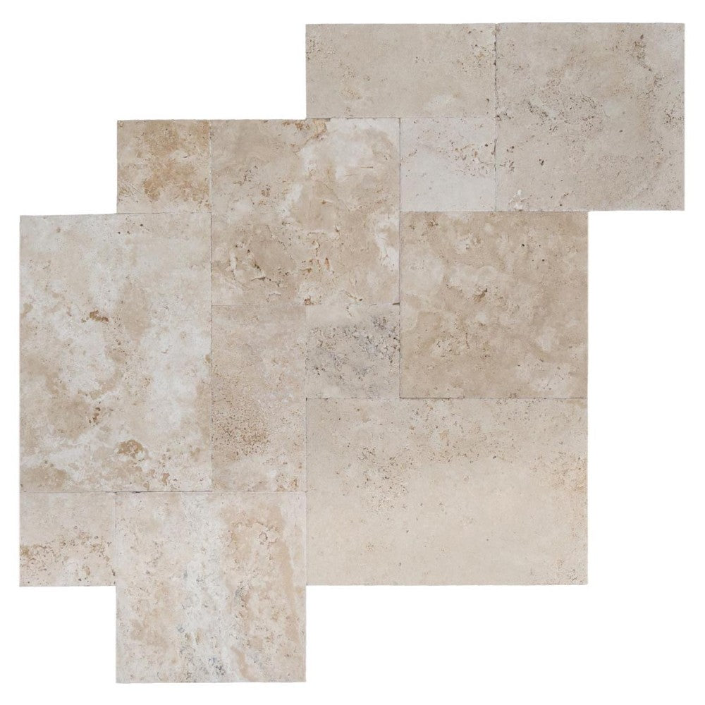 denizli beige antique pattern tile brushed chiseled unfilled SKU-20020083 multi top view