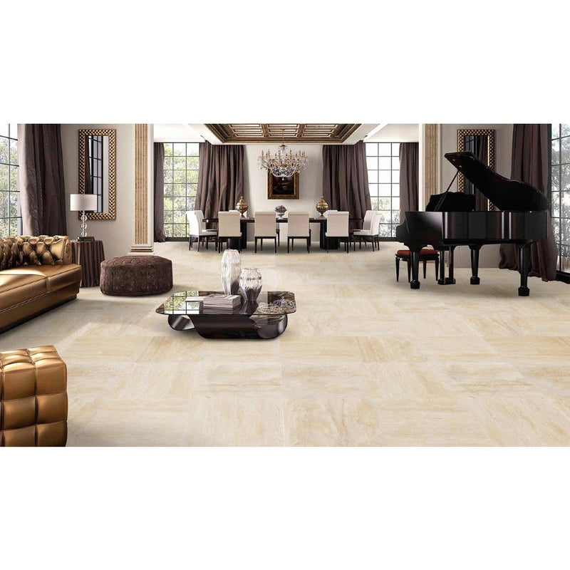 denizli beige rustic vein cut travertine tile size 12"x12" (30.5cmx30.5cm) surface polished filled edge straight SKU-20020068 installed on dining room and living room floors