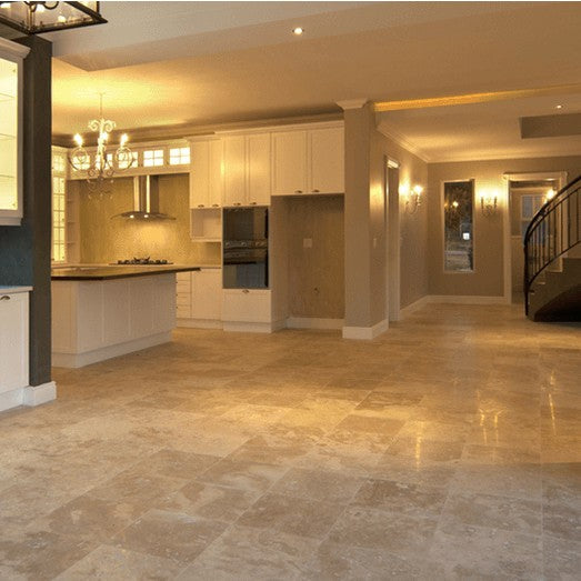 denizli beige travertine tile surface honed filled SKU-10071421 installed on kitchen floor