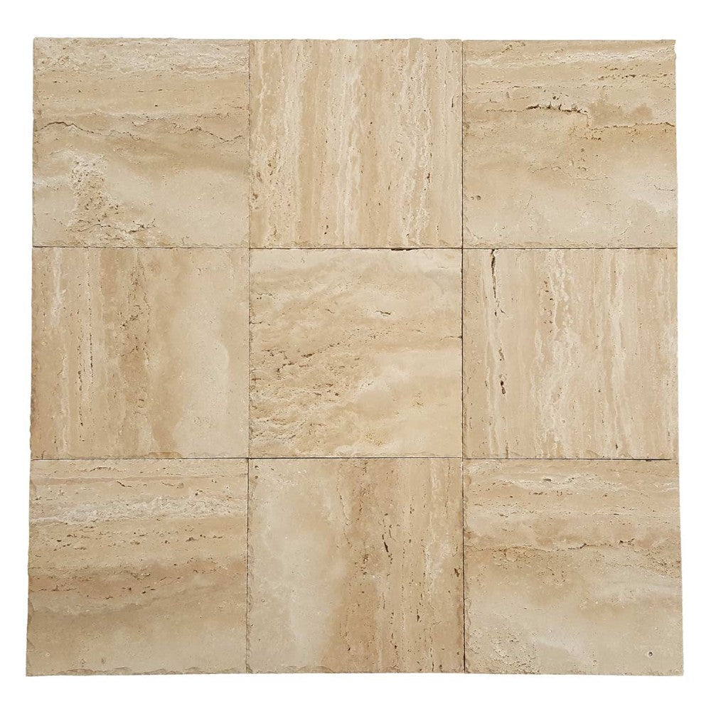 denizli beige vein cut travertine pavers honed chiseled 12x12 SKU-20020075 multi top view