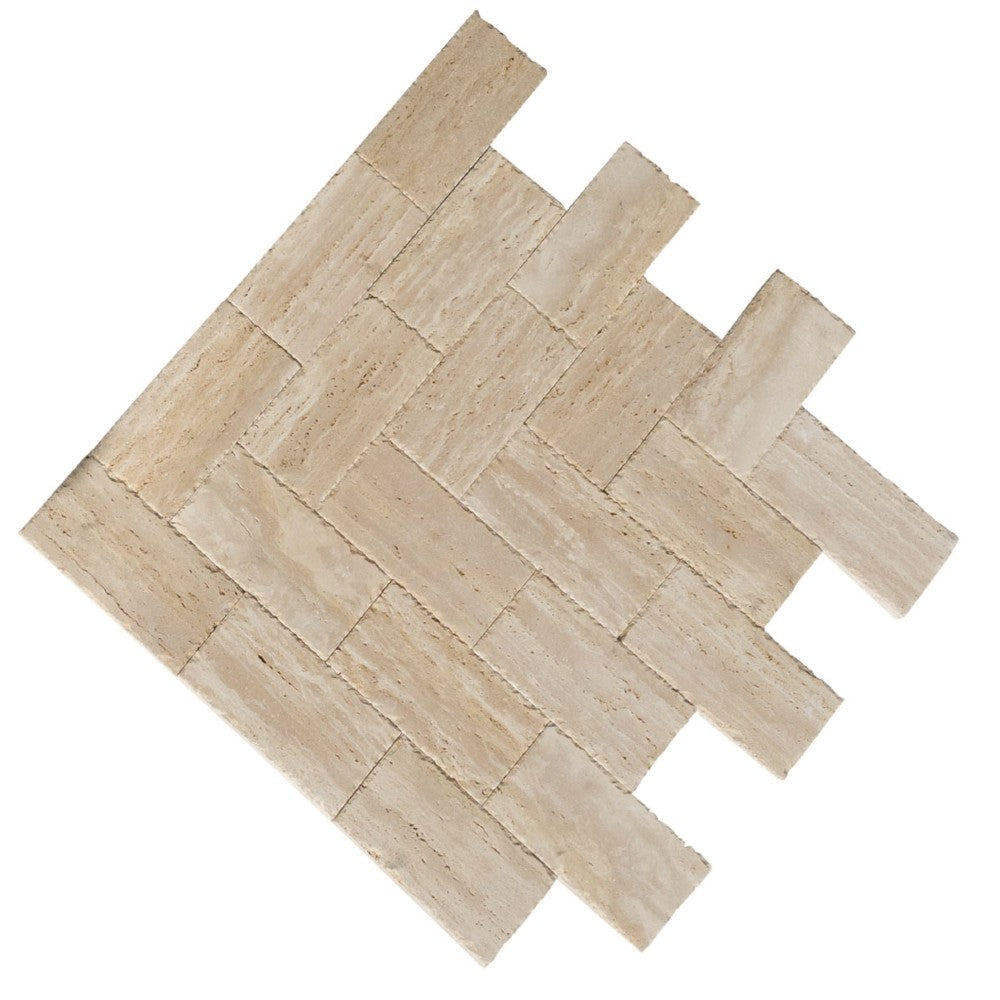 denizli beige vein cut travertine pavers honed chiseled 6x12 SKU-20020074 multi top view