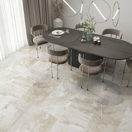 Diana Royal Beige Marble Polished Floor and Wall Tile SKU-31731516 on dining room floor