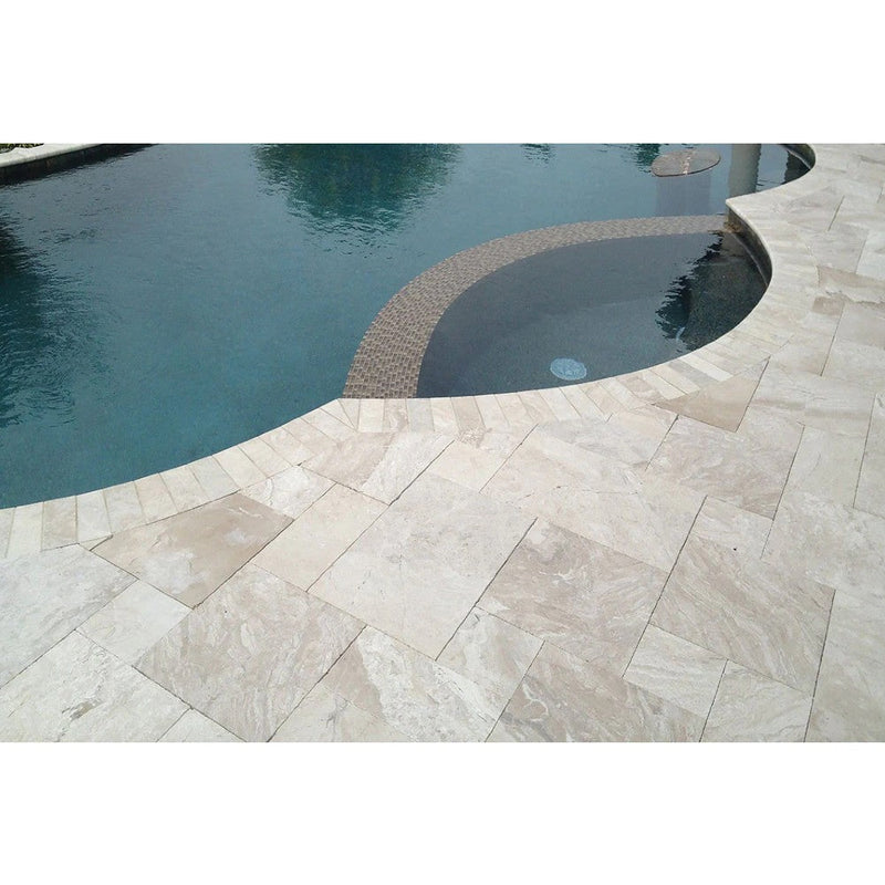 Diana Royal Beige Marble Versailles Pattern Floor and Wall Tile SKU-317326 installed around pool