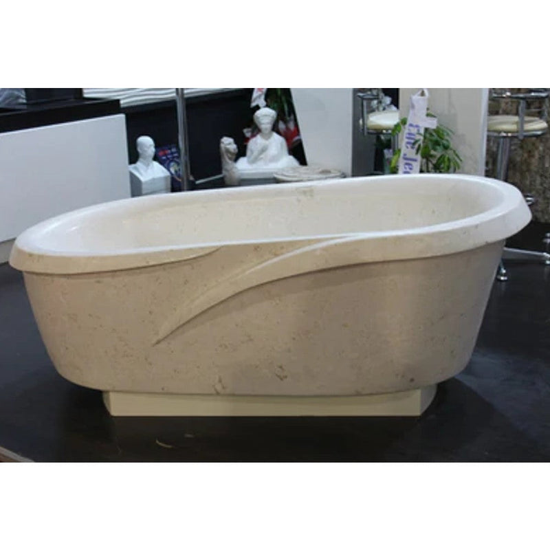 fossil white limestone sloped bathtub hand carved from solid marble block SKU-NTRSTC24 product shot from side