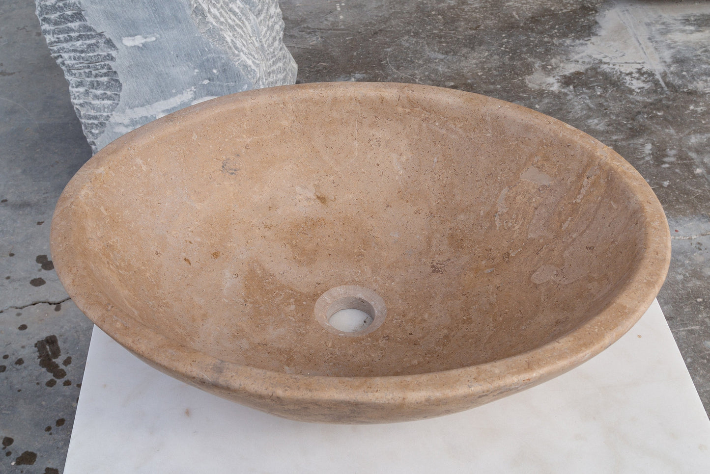 karina walnut travertine natural stone vessel sink honed and filled SKU KMRC16206W Size (W)16" (L)20.5" (H)6" side view product shot