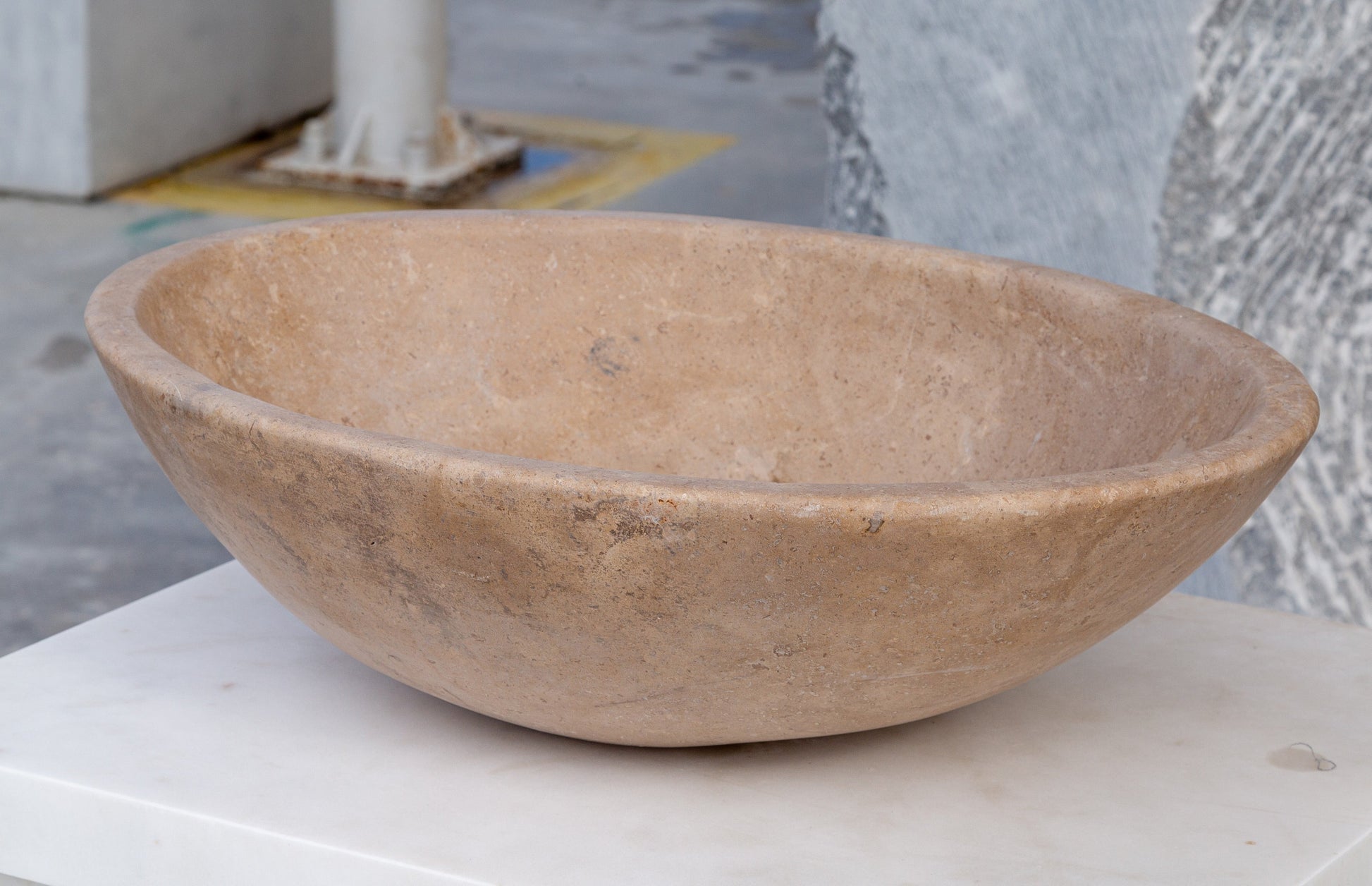 karina walnut travertine natural stone vessel sink honed and filled SKU KMRC16206W Size (W)16" (L)20.5" (H)6" side view product shot