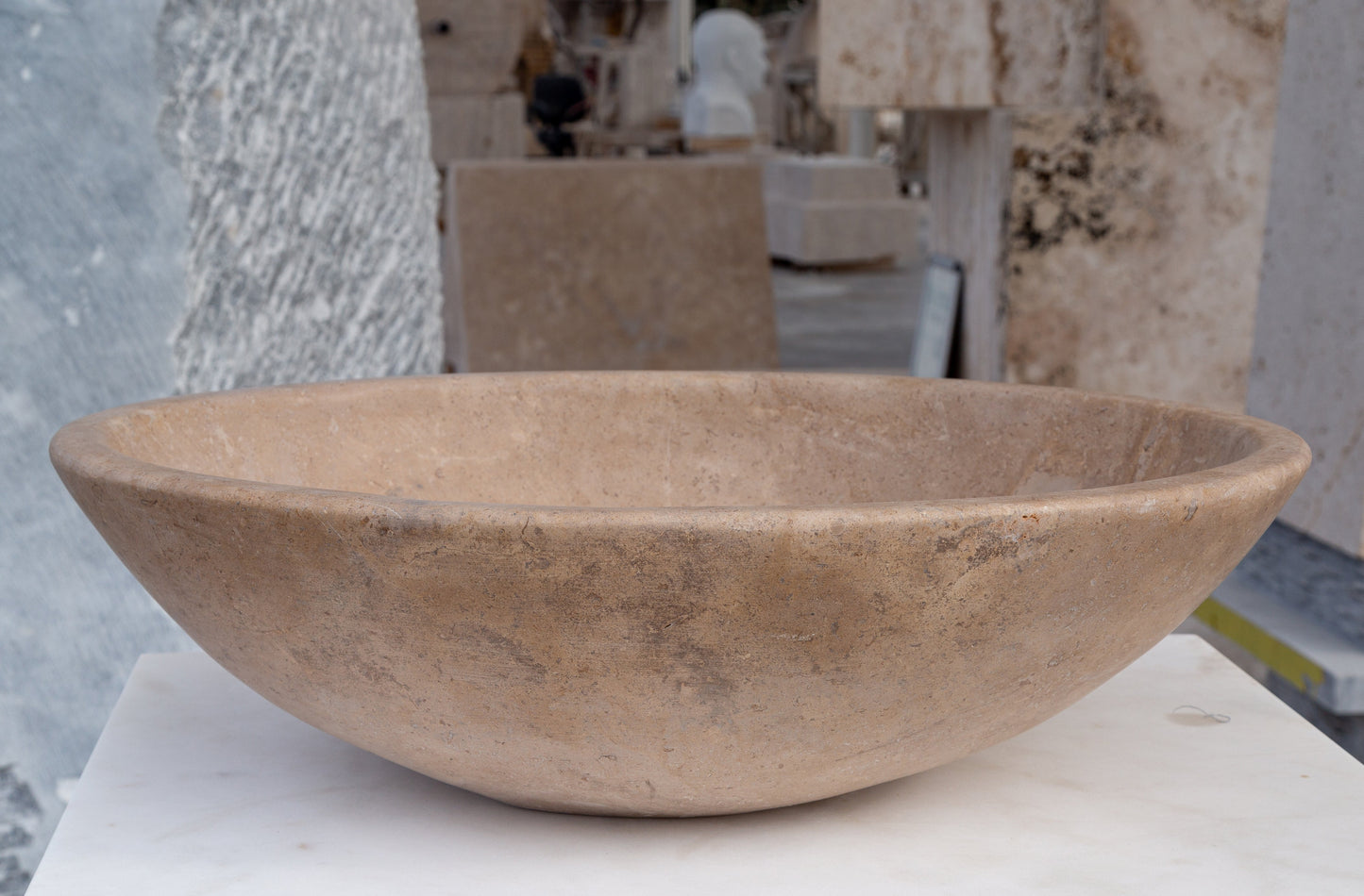 karina walnut travertine natural stone vessel sink honed and filled SKU KMRC16206W Size (W)16" (L)20.5" (H)6" side view product shot