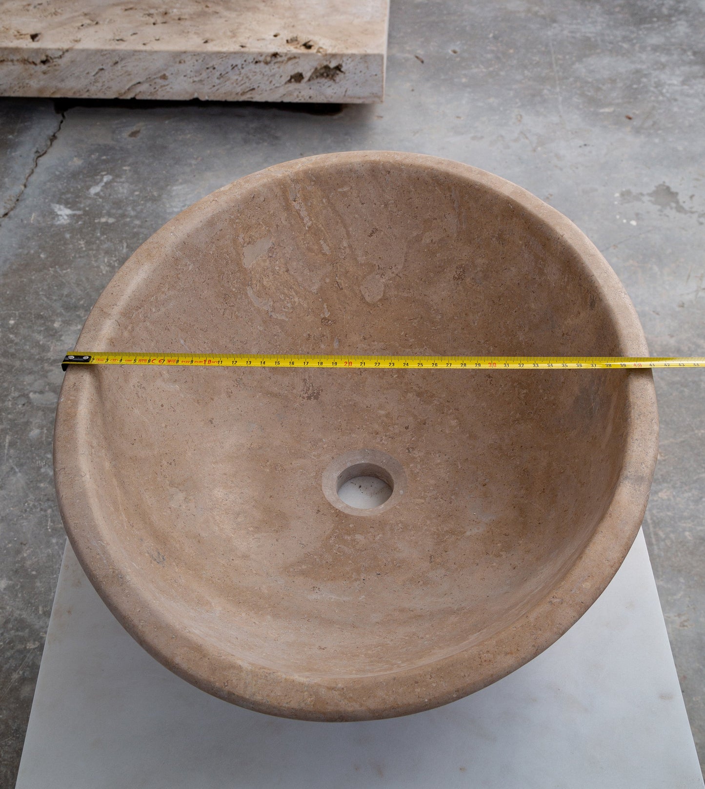 karina walnut travertine natural stone vessel sink honed and filled SKU KMRC16206W Size (W)16" (L)20.5" (H)6" width measure view