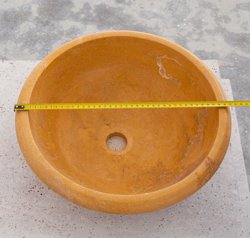 gobek natural golden sienna natural stone vessel sink honed and filled SKU KMRC166DI Size (D)16" (H)6"  diameter measure view 