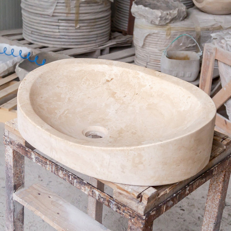 natural stone light travertine special design vessel sink honed and filled SKU NTRSTC19 Size (W)16" (L)21.5" (H)6" side view product shot