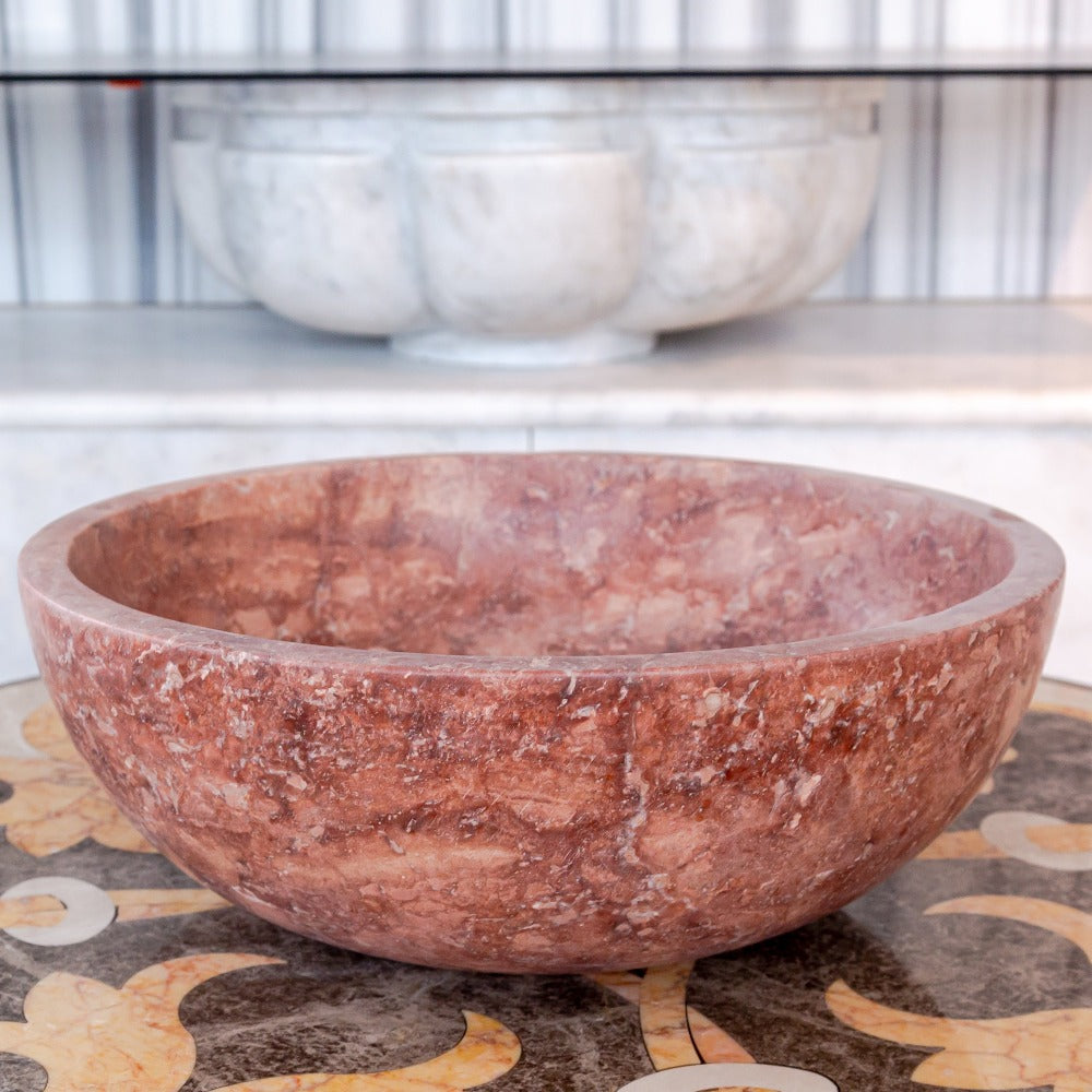 gobek red travertine natural stone vessel sink honed matte SKU NTRVS15 size (D)16" (H)6" side view product shot