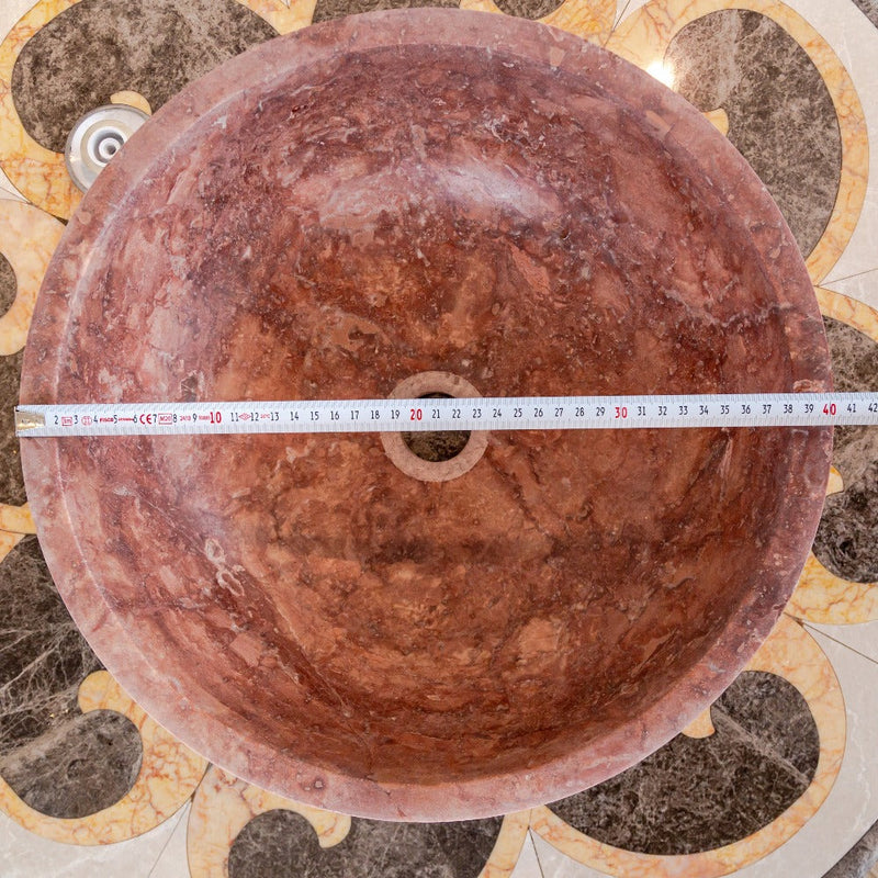 gobek red travertine natural stone vessel sink honed matte SKU NTRVS15 size (D)16" (H)6" diameter measure view