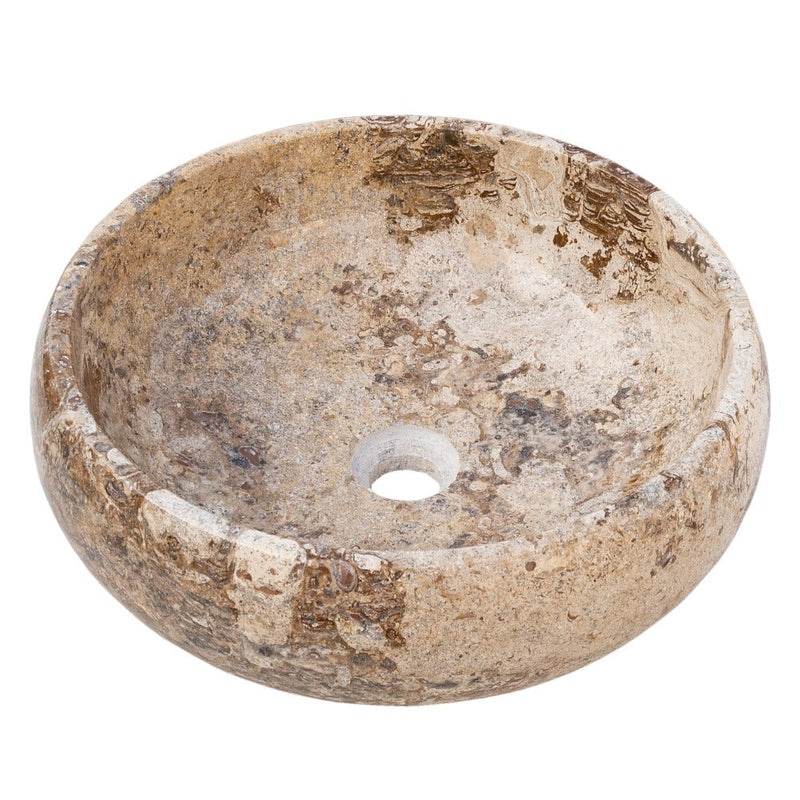 gobek valencia beige travertine natural stone vessel sink filled and polished SKU EGEVP166 Size (D)16" (H)6" side view product shot