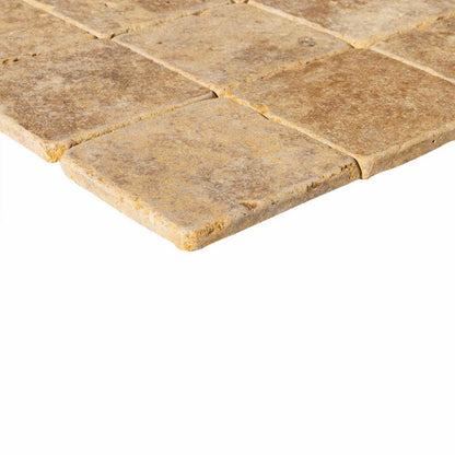 gold yellow tumbled travertine tiles SKU-20012439 close-up shot of the thicknesses of the product