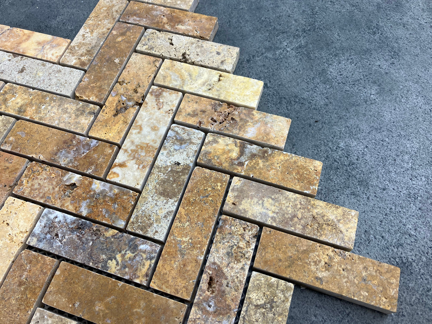 Scabos Travertine 1"x3" Herringbone on 12" x 12" Mesh Mosaic Tile