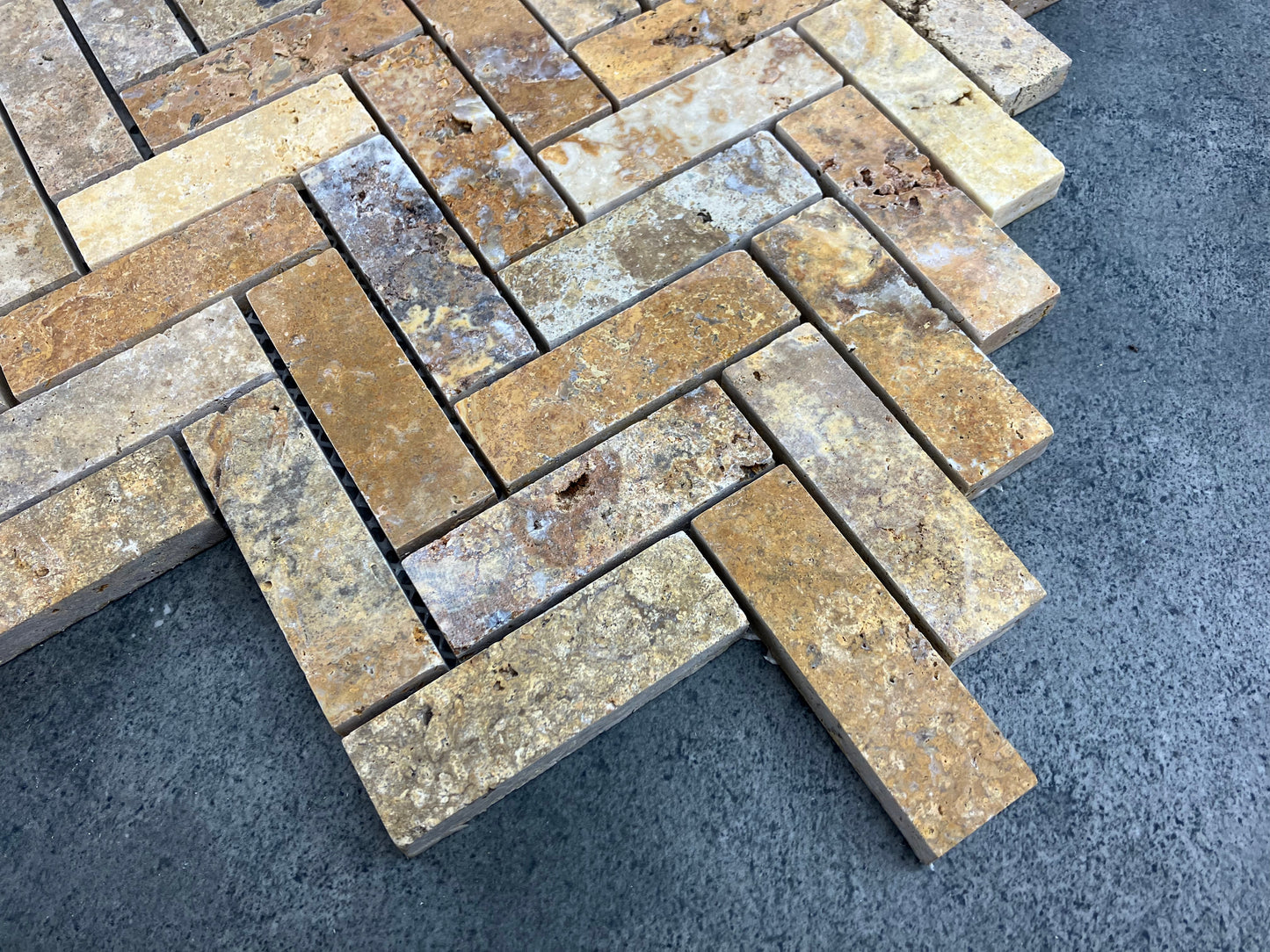 Scabos Travertine 1"x3" Herringbone on 12" x 12" Mesh Mosaic Tile