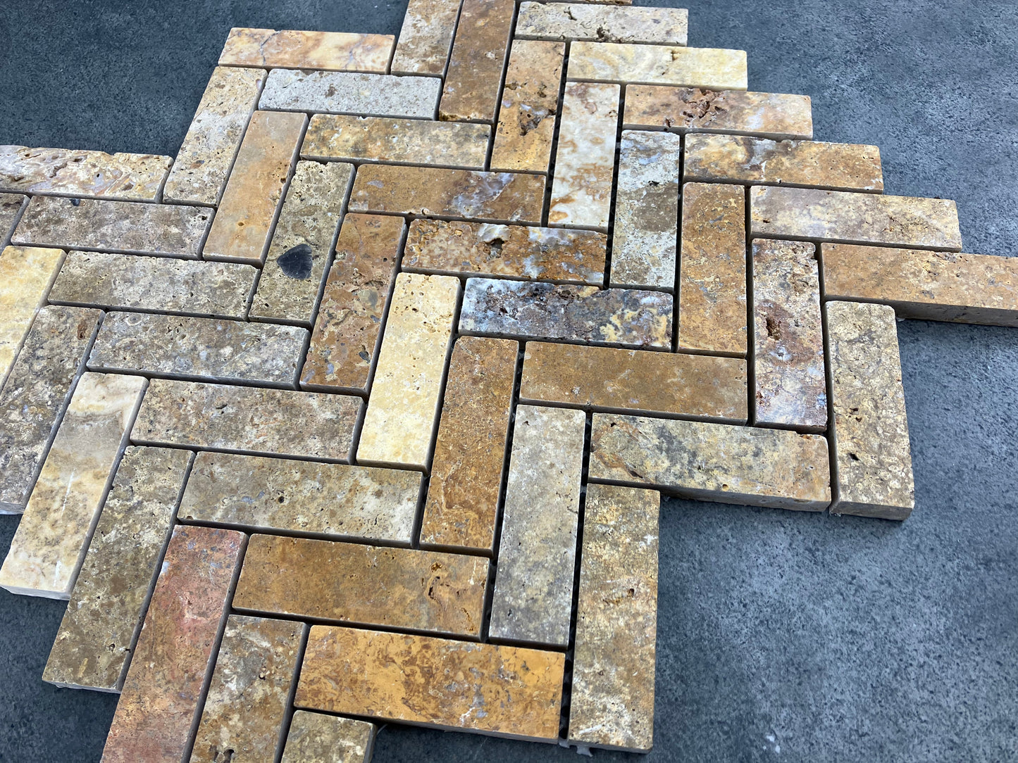 Scabos Travertine 1"x3" Herringbone on 12" x 12" Mesh Mosaic Tile