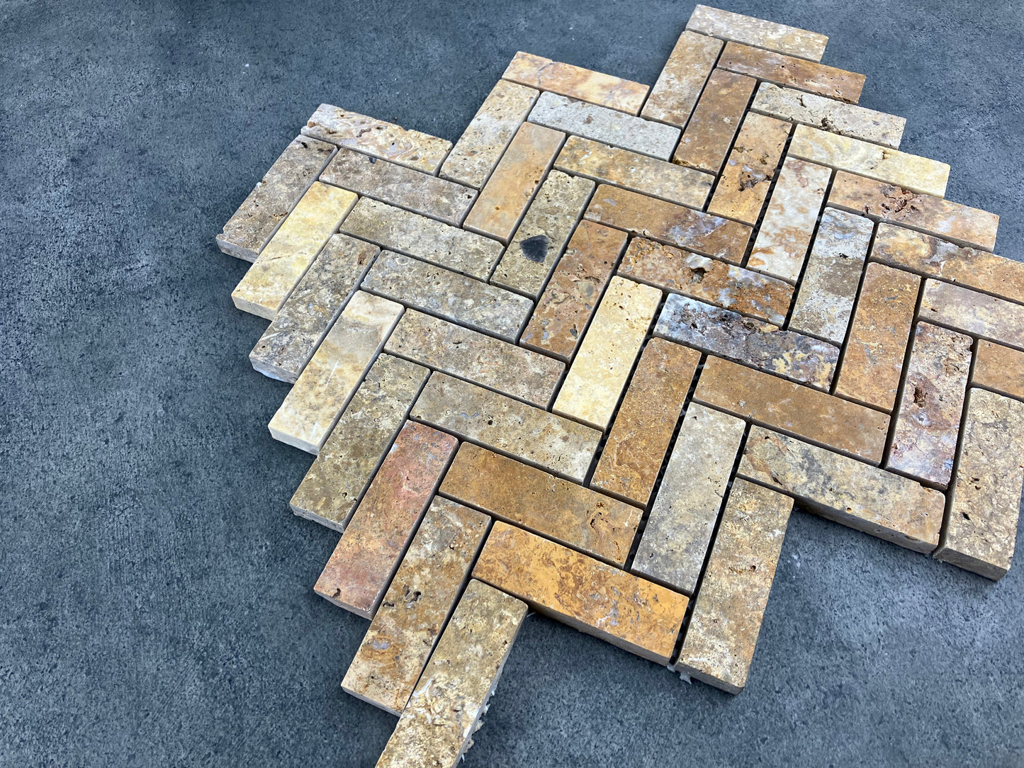 Scabos Travertine 1"x3" Herringbone on 12" x 12" Mesh Mosaic Tile