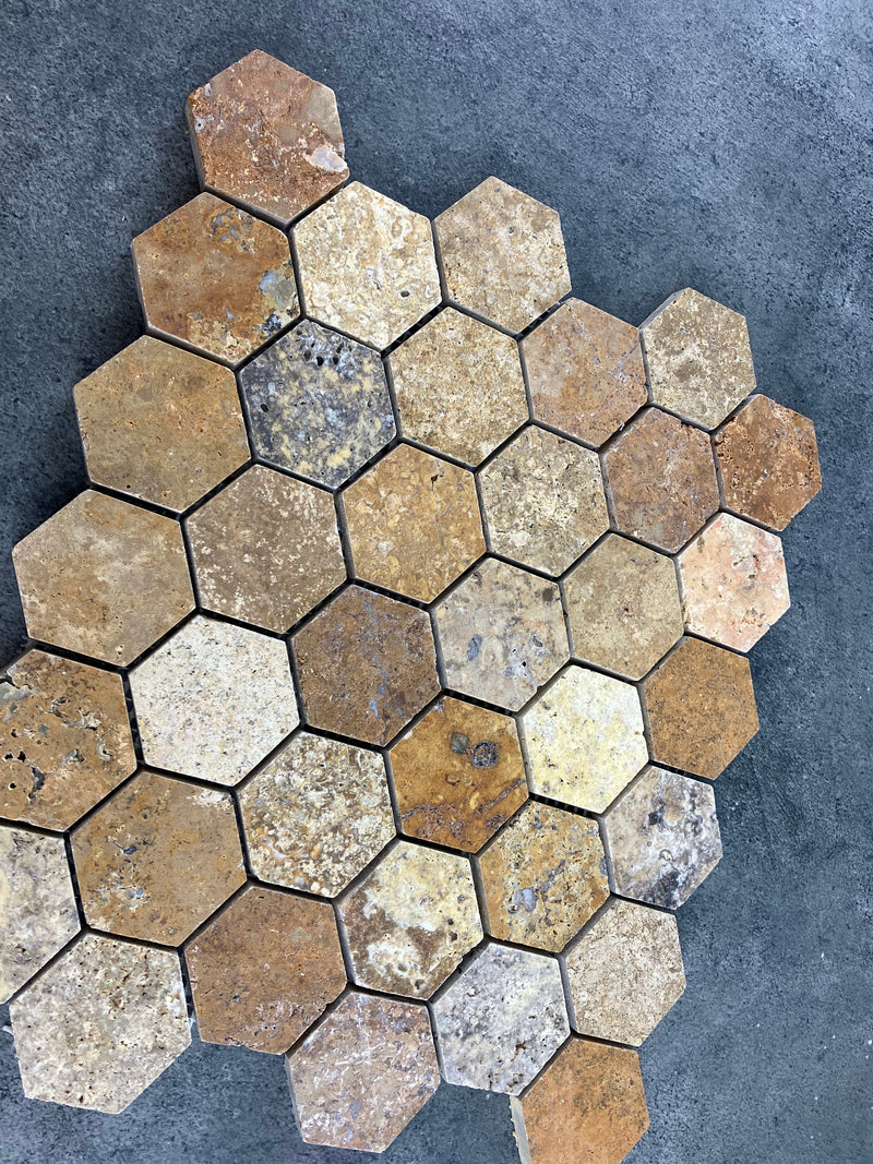 Scabos Travertine 2" Hexagon on 12" x 12" Mesh Mosaic Tile